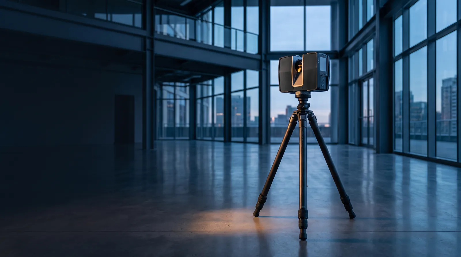 Scanner a laser 3D captando uma edificação corporativa vazia em campo