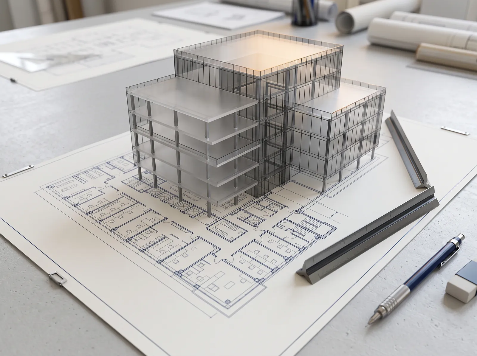 Planta baixa técnica de uma edificação com lápis sobre o desenho