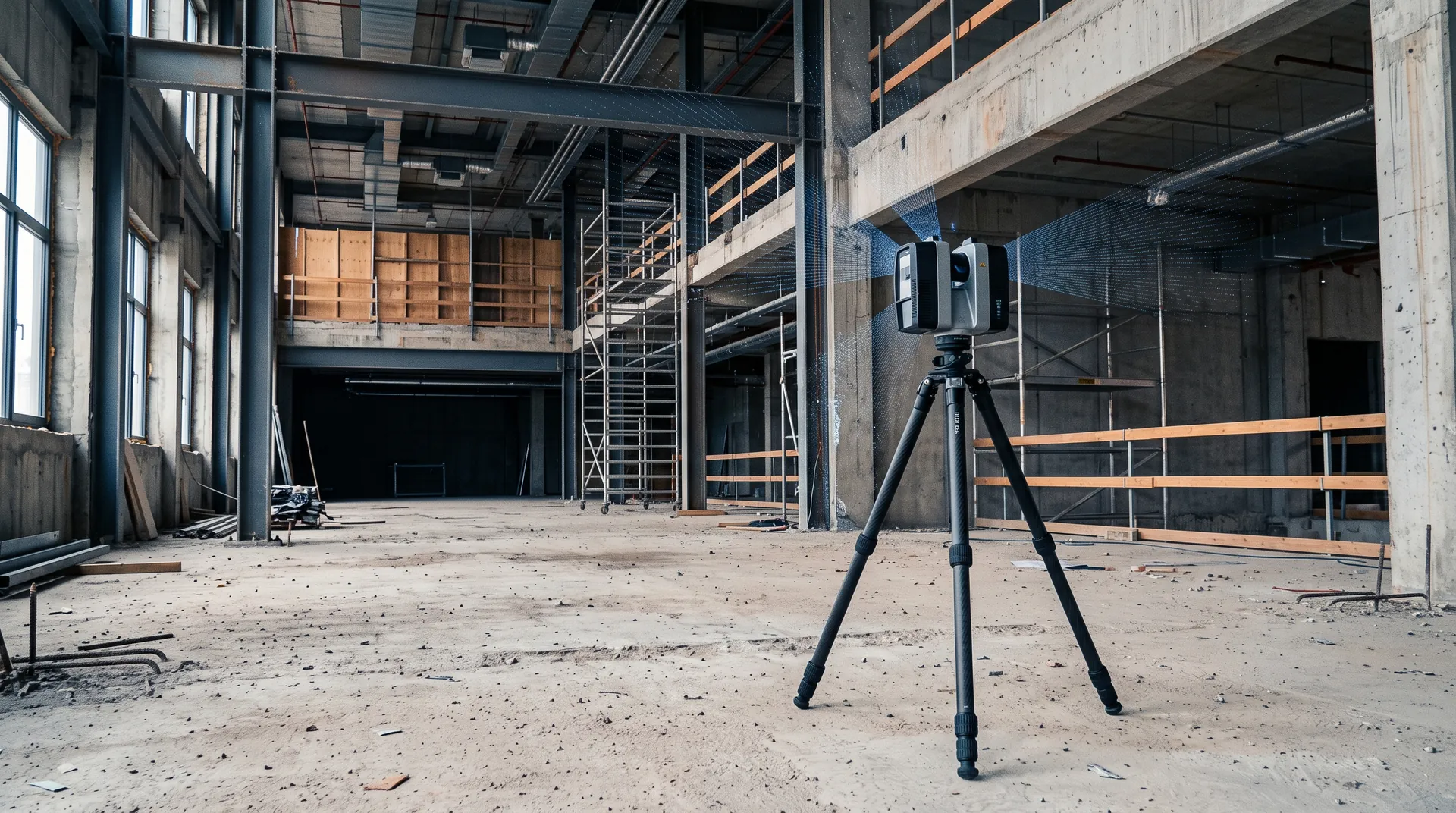 Scanner a laser 3D profissional montado em tripé em um ambiente corporativo